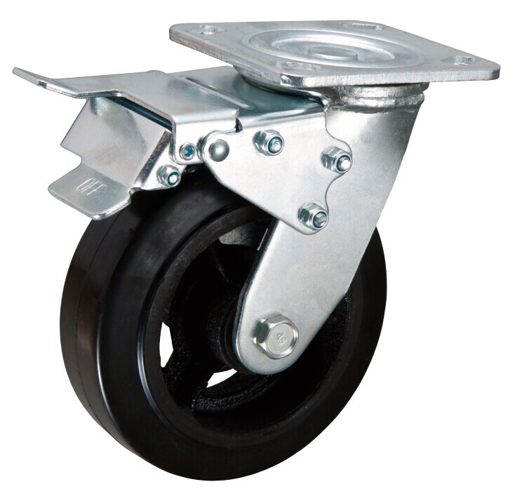 Swivel castor with double brake 200 x 50mm rubber