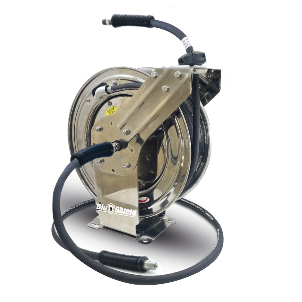 Blushield Rubber Pressure Washer Reel Stainless Steel Dual Arm 10mm X 15mtr Outlet - 3/8" M-BSP & Reel Inlet 3/8" M-BSP
