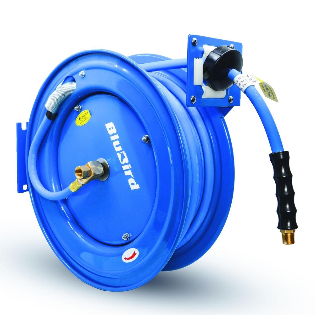 Blubird Rubber Air Hose Reel Single Arm Heavy Duty 10mm X 15mtr Outlet - 3/8" M-BSP & Reel Inlet 3/8" M-BSP