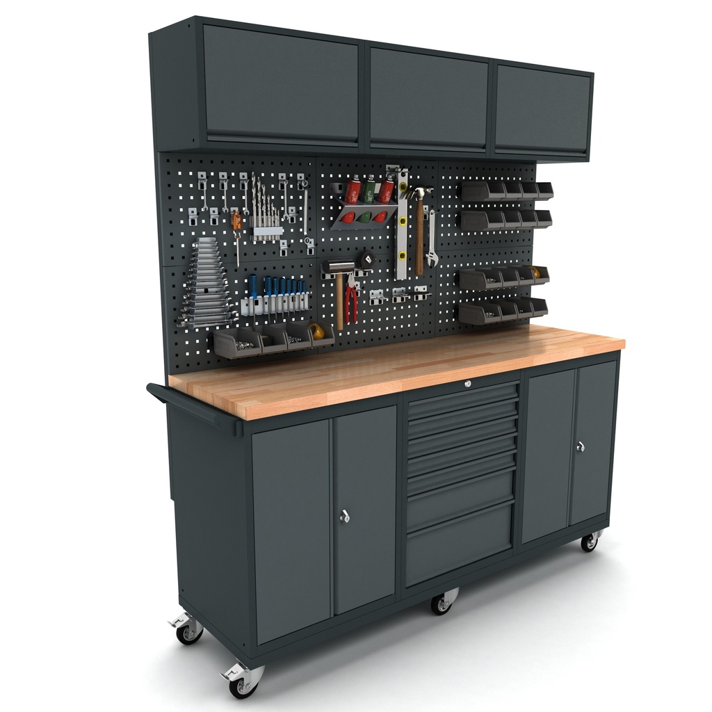 Établi mobile 2x 2 portes 7 tiroirs avec panneau arrière et l'armoire supérieure EXPERT