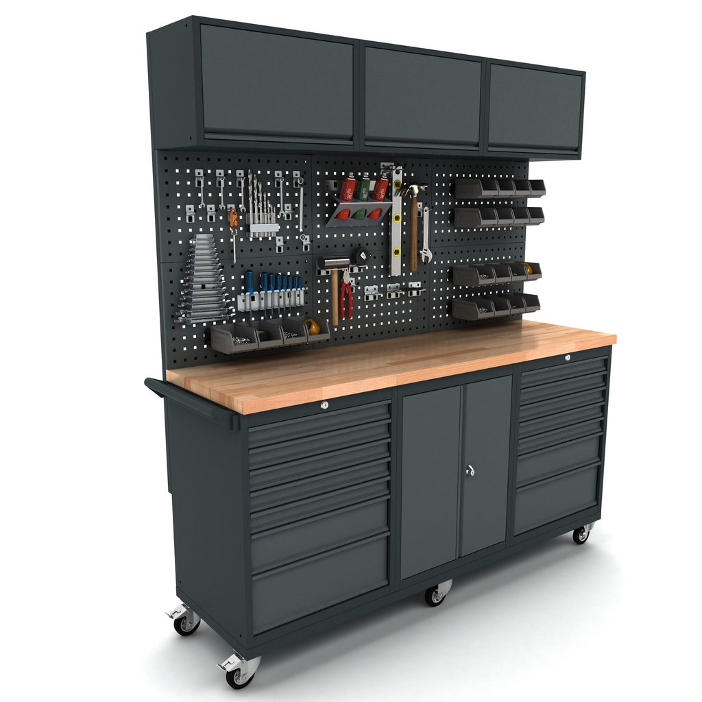 Établi mobile 2 portes 2x7 tiroirs avec panneau arrière et l'armoire supérieure EXPERT