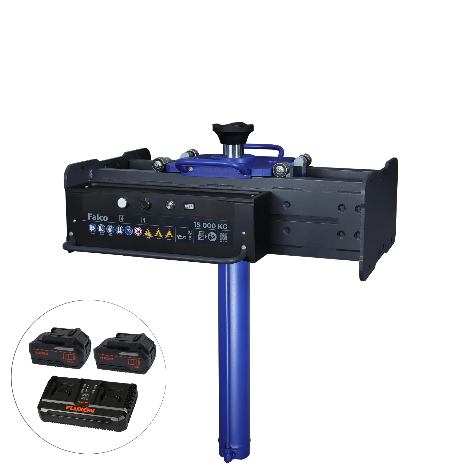 Falco cric de fosse sur batterie 15 tonnes moyen, vérin long incl. 2x batteries 4 Ah et chargeur double