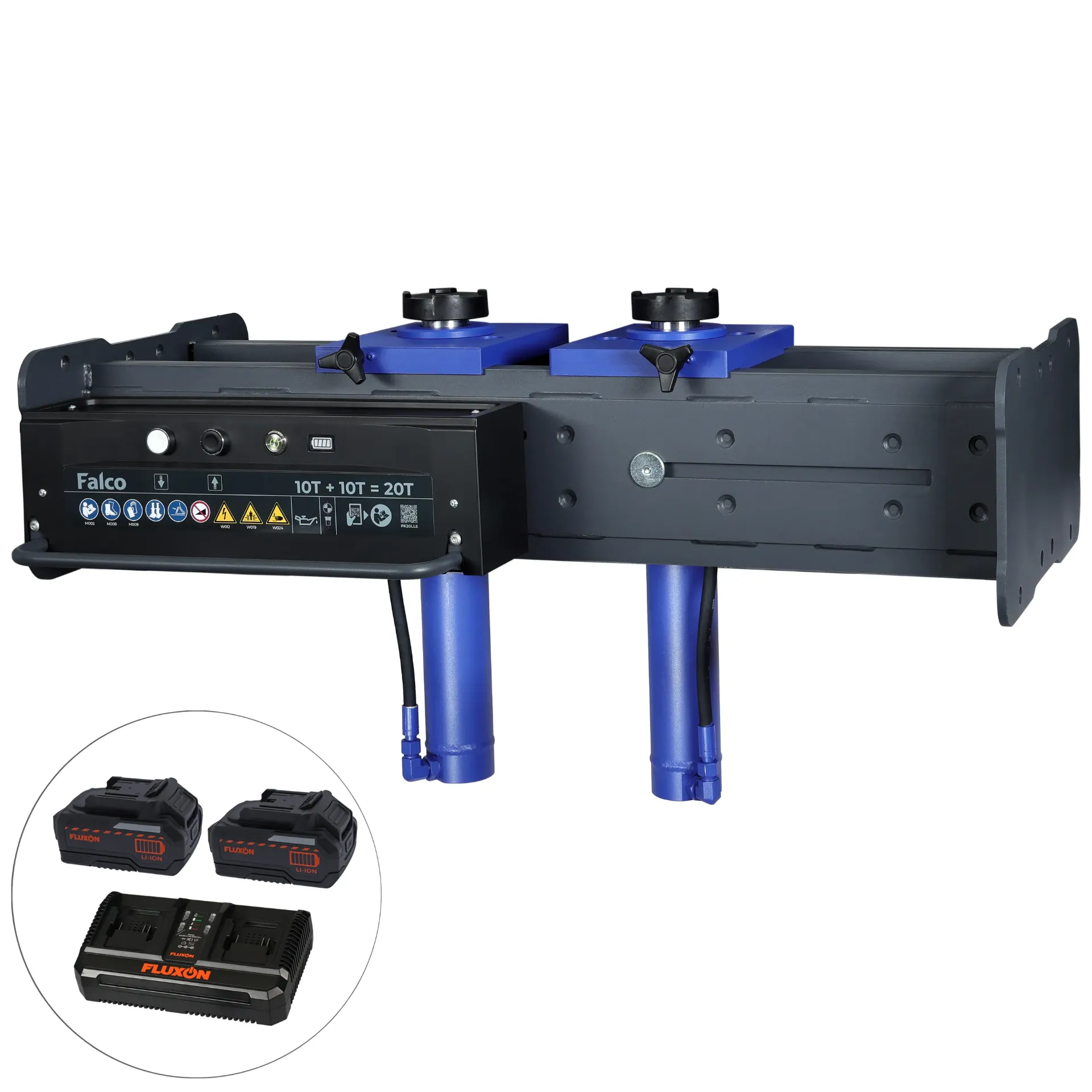 Falco battery powered pit jack 20 ton large, two cylinders incl. 2x 4 Ah batteries and dual charger