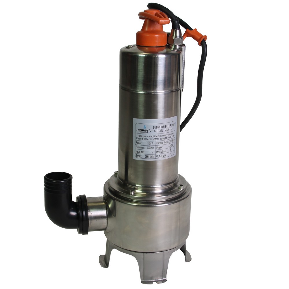 Submersible single vane pump vortex stainless steel 1.1kW 230V