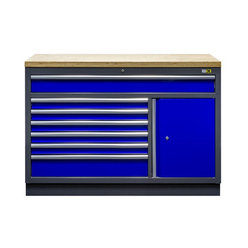 [GC13L7WBLUE] Unterschrank breit 7 Schubladen und 1 Tür mit Massivholz Arbeitsplatte BLUE